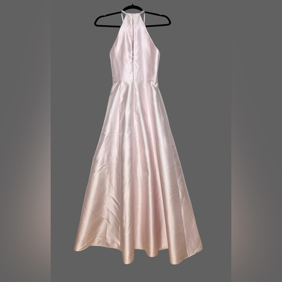 NWT Alfred Sung Halter A-Line Satin Maxi Dress, Ballet Pink, Pockets, Size 0R - Picture 4 of 13